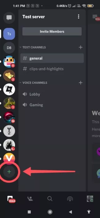 Tap on + icon to make discord server