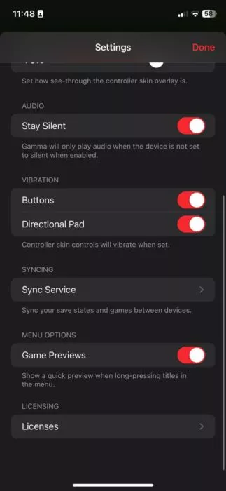 Screenshot of the settings page