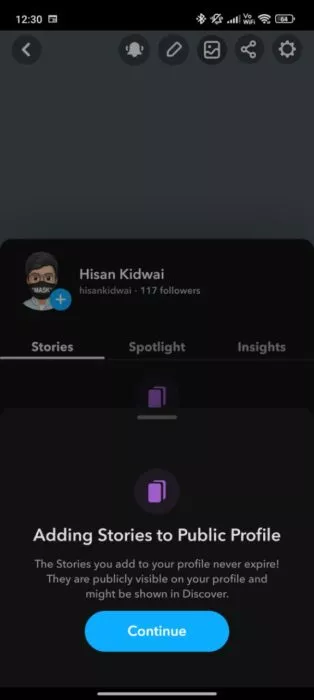 Screenshot of how to add a story on a public profile on Snapchat 1
