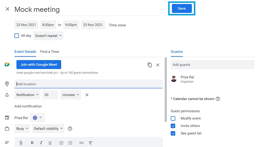 add meeting to calendar using google meet