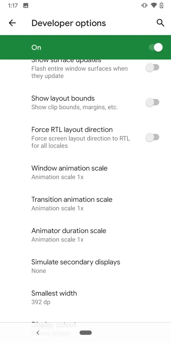 Android Developer options reduce animations