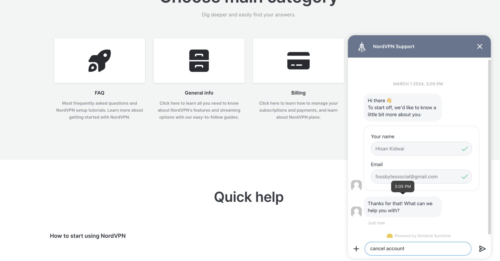 Screenshot of the chatbox to cancel NordVPN subscription