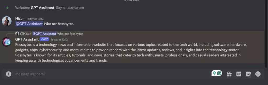 Screenshot of the GPT Assistant Discord bot answering questions