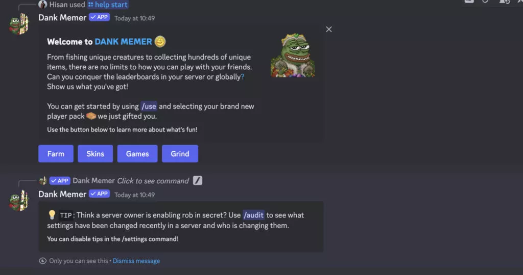 Screenshot of the Dank Memer Discord bot