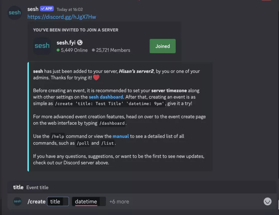 Screenshot of the Sesh Discord bot