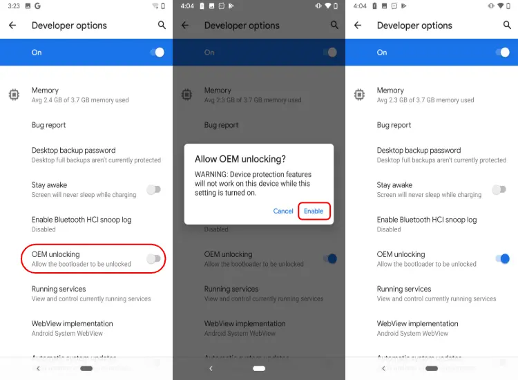 allow OEM Unlocking using Developer settings