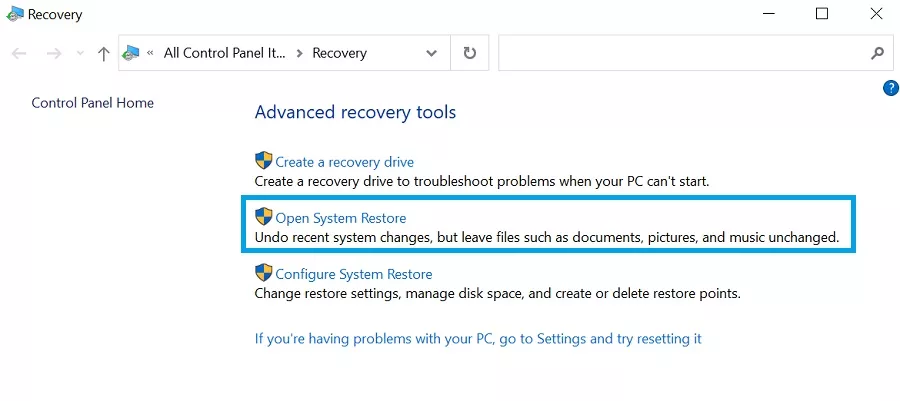 open system restore point recovery option