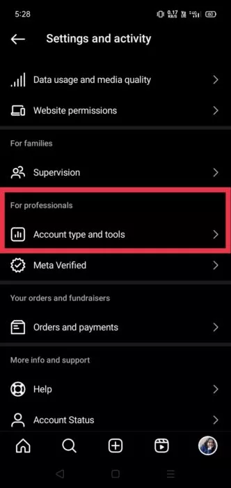 Account type and tools in Instagram settings