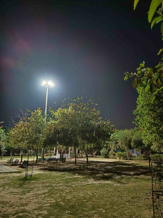 Nighttime image looking towards a bright light source