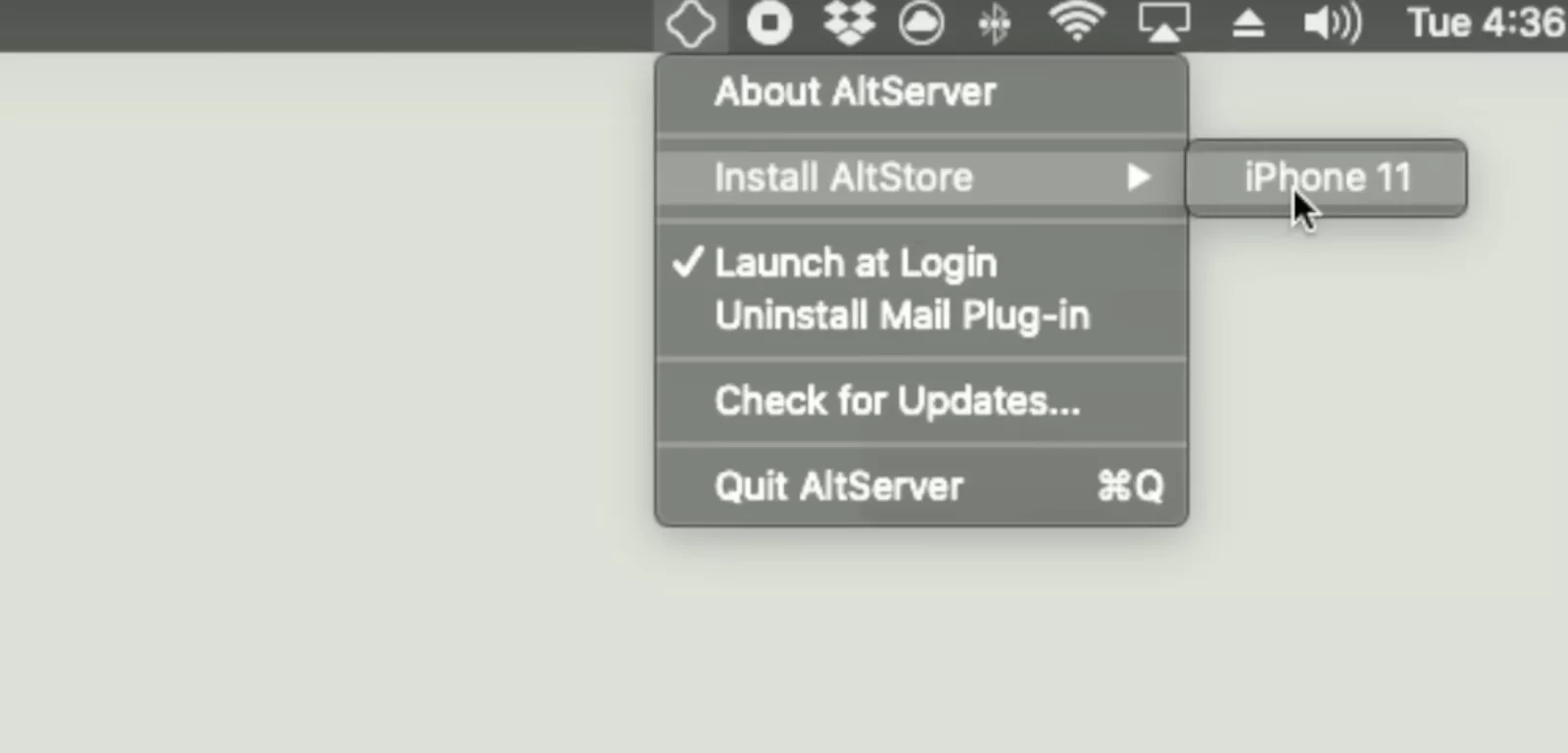 Screenshot of the top right menubar to install AltStore on iPhone