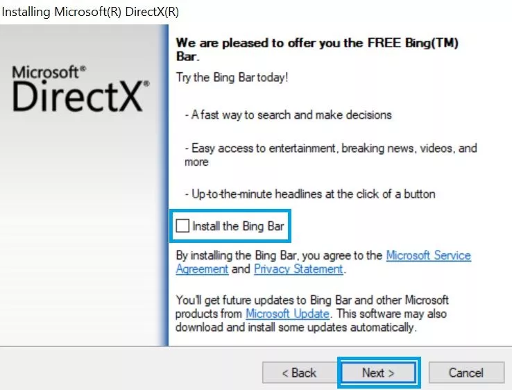 uncheck bing bar directx setup