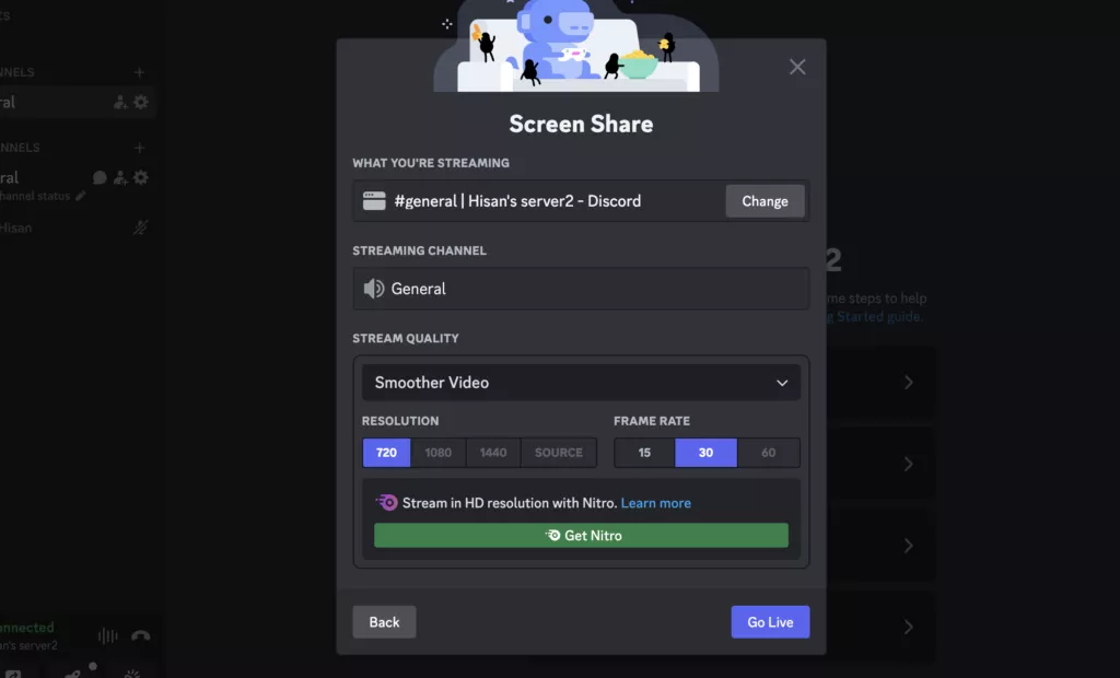 Screenshot of the different live streaming options on discord 