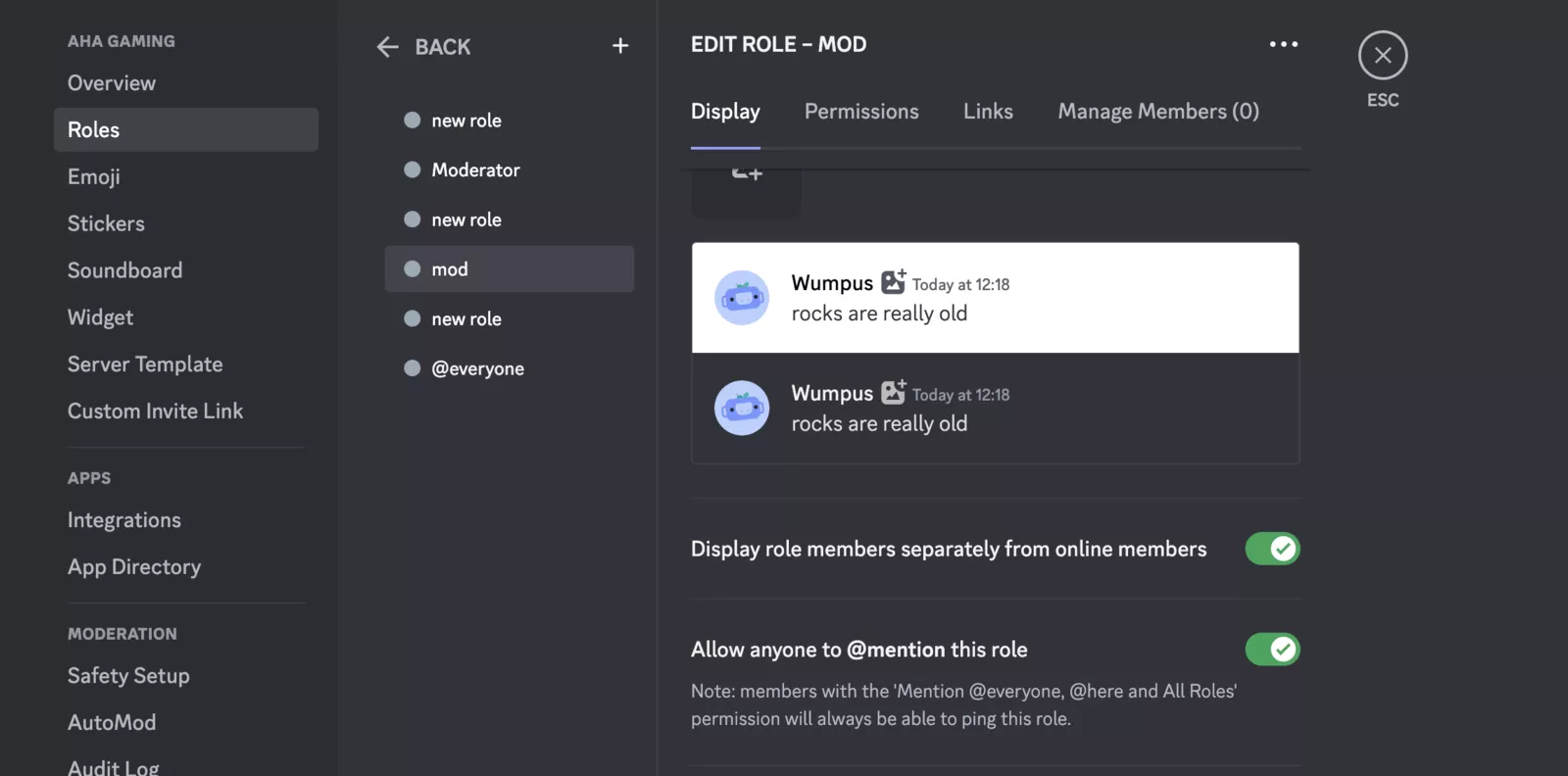 Screenshot of the Mod settings on the Discord app