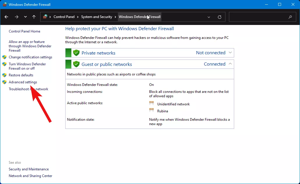 Windows Defender Firewall Advanced Settings Control panel