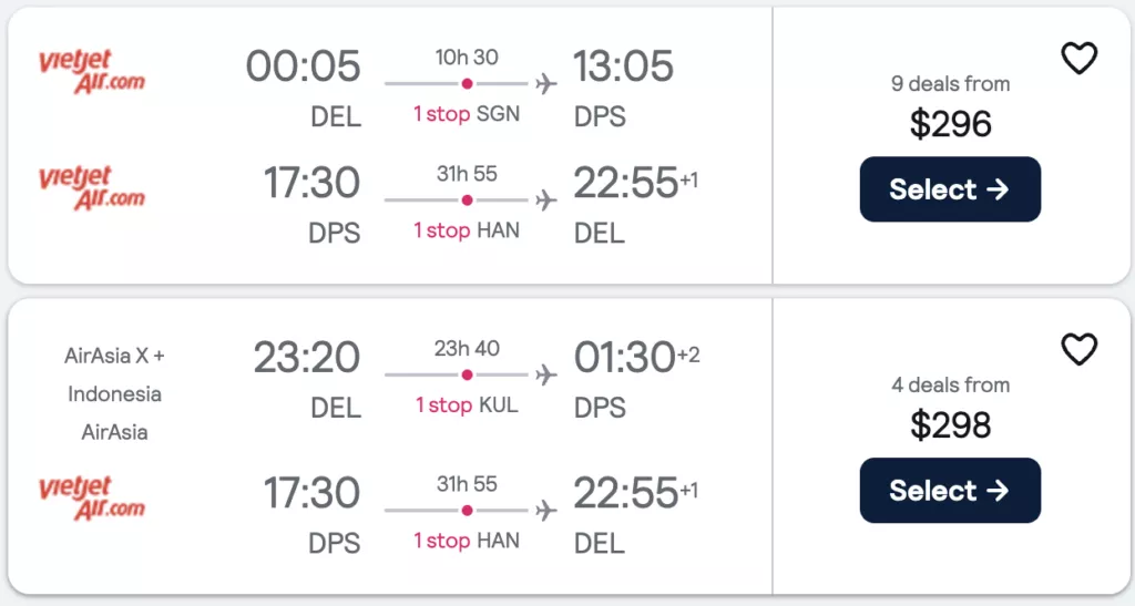 Screenshot of the flight prices one week before the buying 